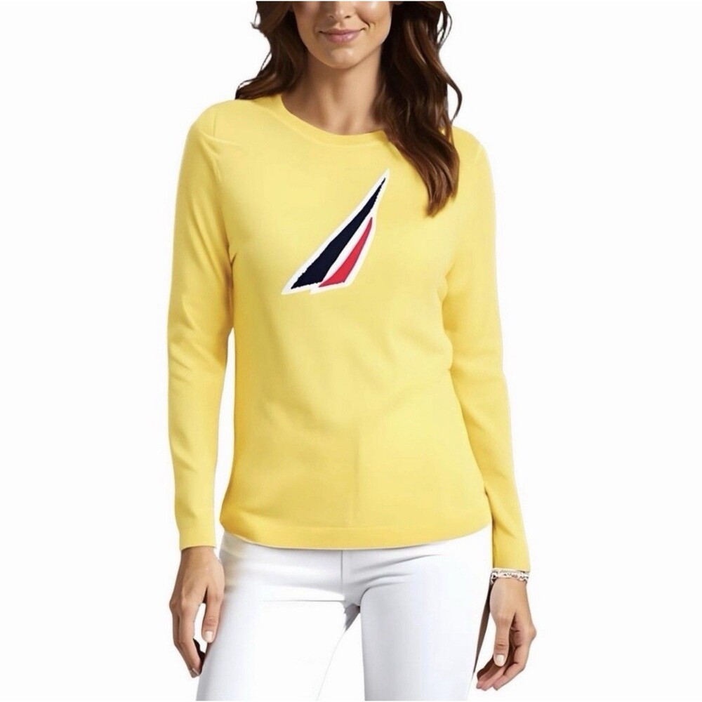 NWT Nautica Jeans Yellow Logo Sweater Top Size Small Sail Graphic Knit
